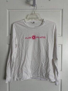 Club Pilates Women's White Long-Sleeve Tee with Pink Logo